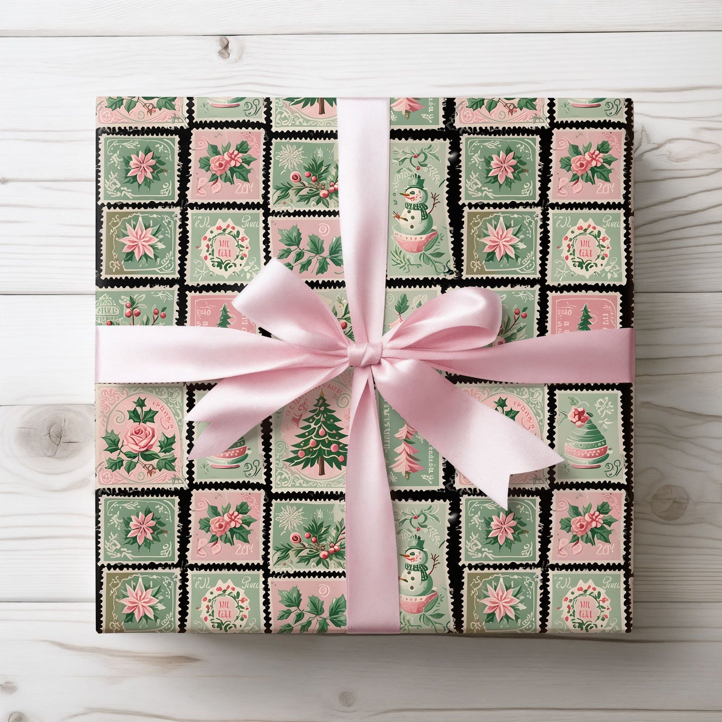 Mint to Be – Retro Holiday Stamp Wrapping Paper