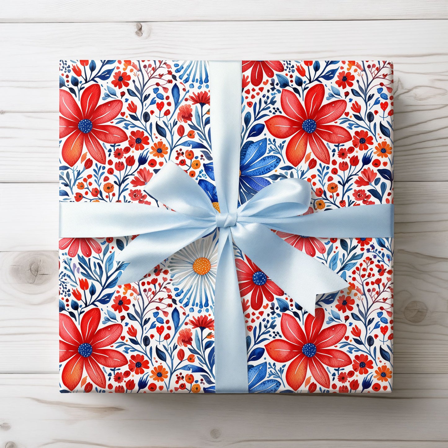 Red, White and Blue Floral Wrapping Paper