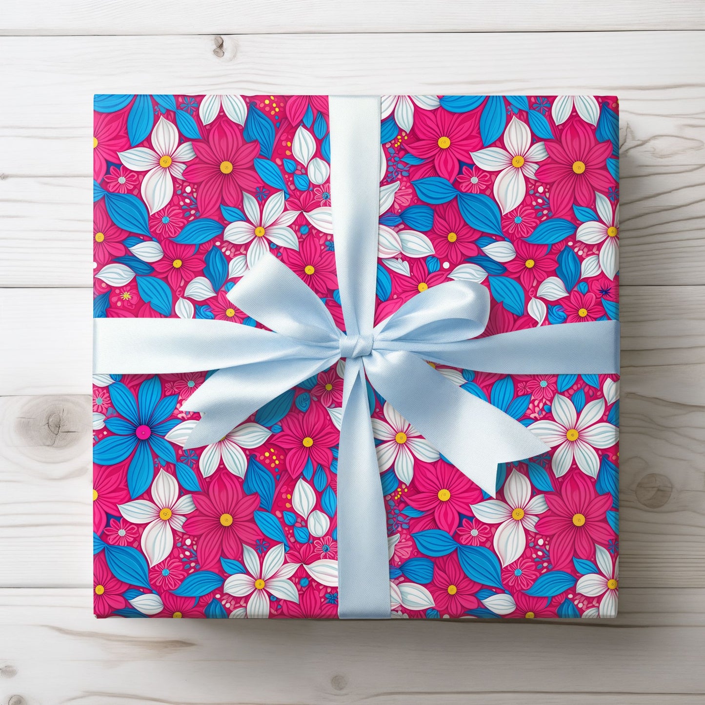 Vibrant Pink, White and Blue Floral Wrapping Paper