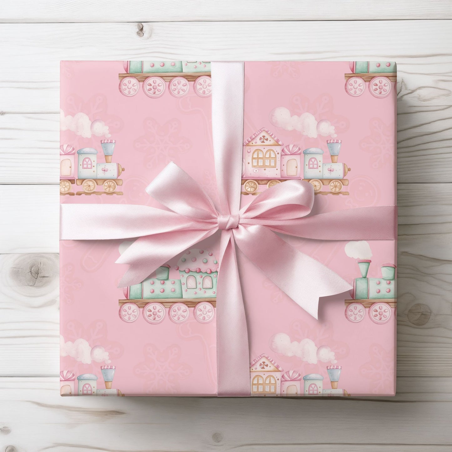 Candy Caboose – Pink Gingerbread Train Wrapping Paper