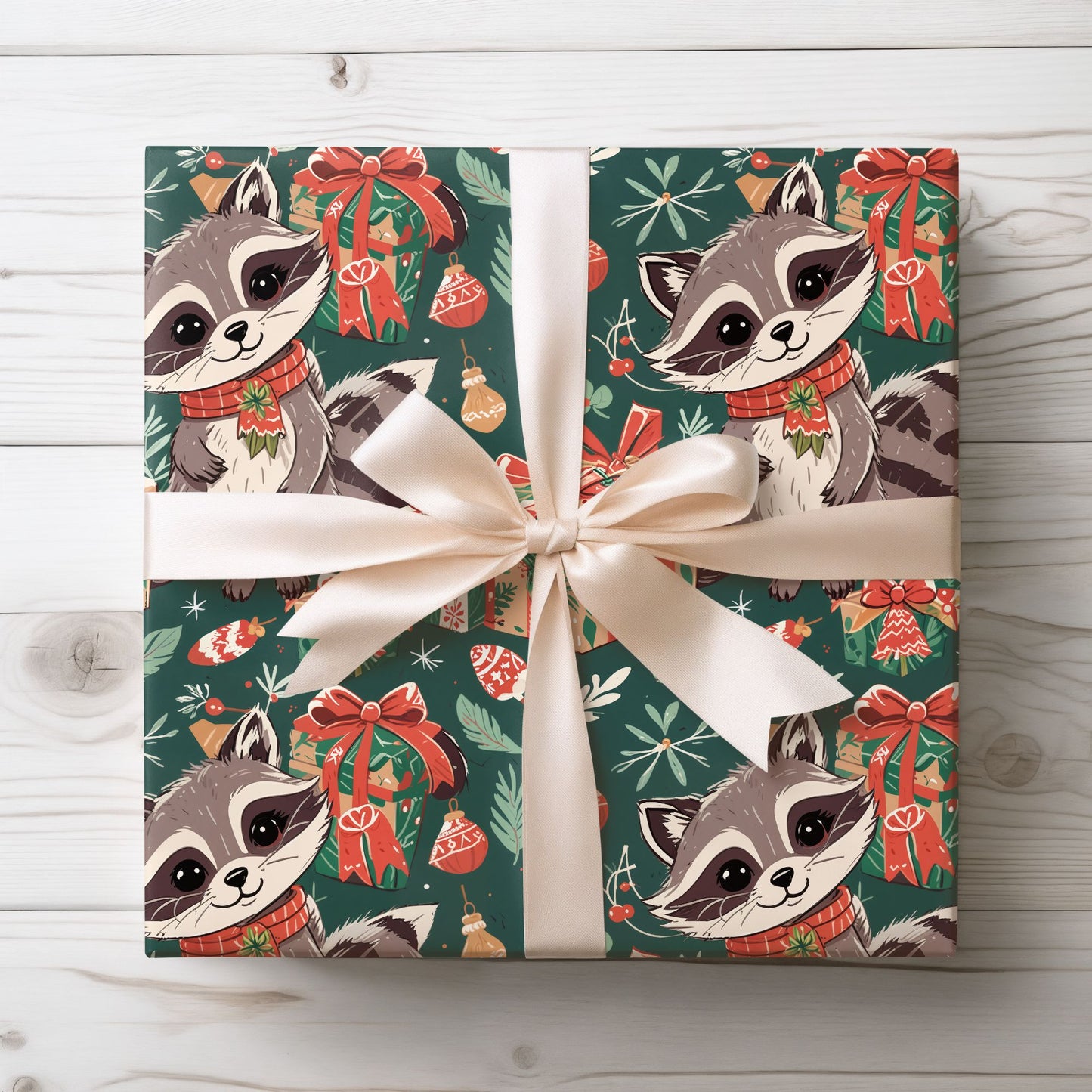 Raccoon Around the Christmas Tree – Whimsical Woodland Wrapping Paper