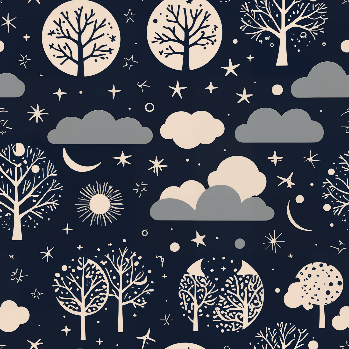 Wrapping Paper - Abstract Moon Stars and Trees in Black and Beige