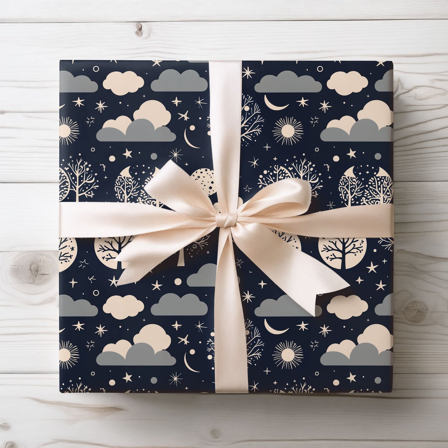 Wrapping Paper - Abstract Moon Stars and Trees in Black and Beige