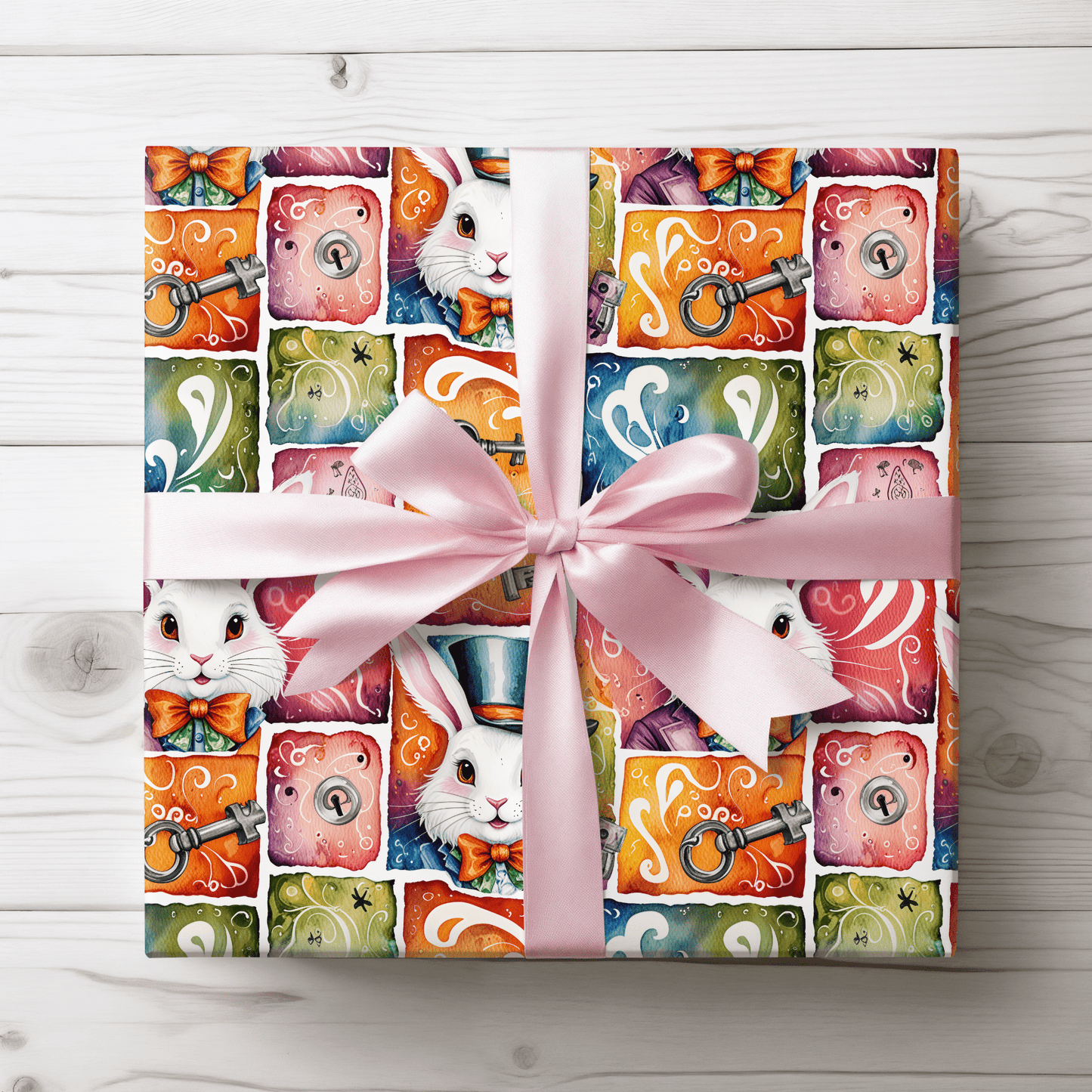 Alice in Wonderland Gift Wrap with Keys & Magic, Whimsical White Rabbit Wrapping Paper