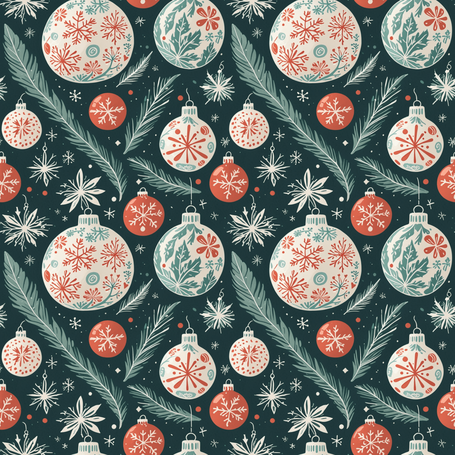 Frosted Evergreen – Retro Ornament & Pine Wrapping Paper