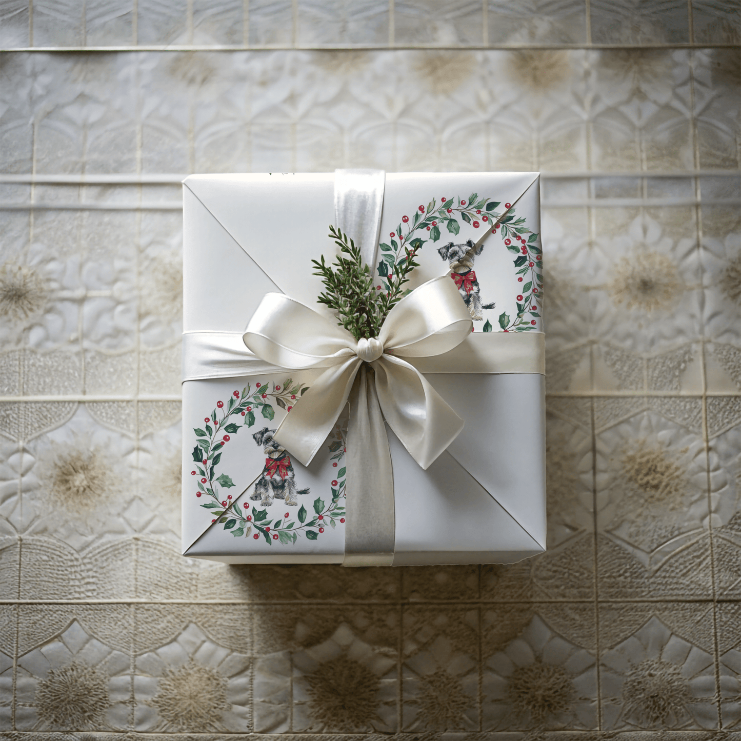 Paw - liday Wreaths & Wags – Schnauzer Christmas Wrapping Paper