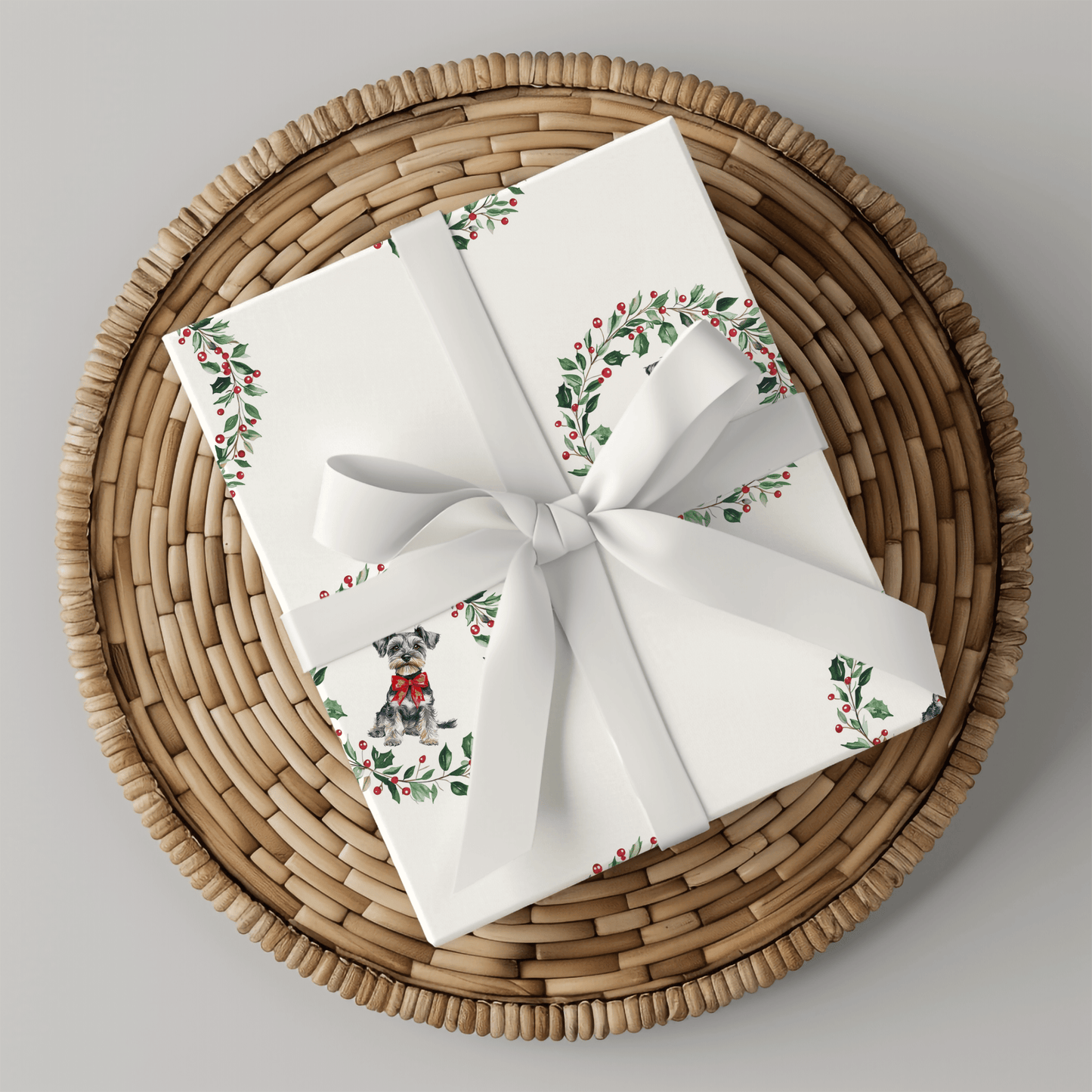 Paw - liday Wreaths & Wags – Schnauzer Christmas Wrapping Paper