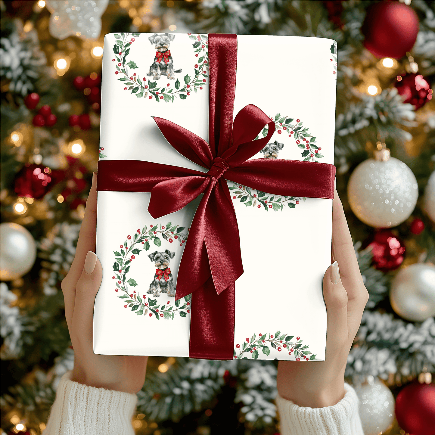 Paw - liday Wreaths & Wags – Schnauzer Christmas Wrapping Paper