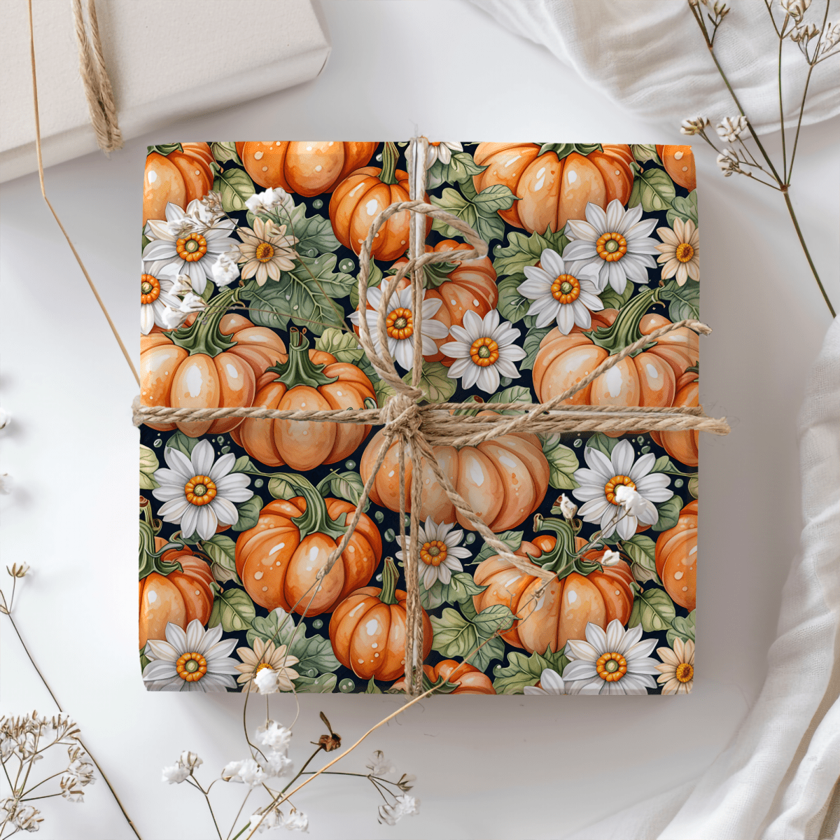 Pumpkin Patch Chic – Autumn Floral Pumpkin Wrapping Paper