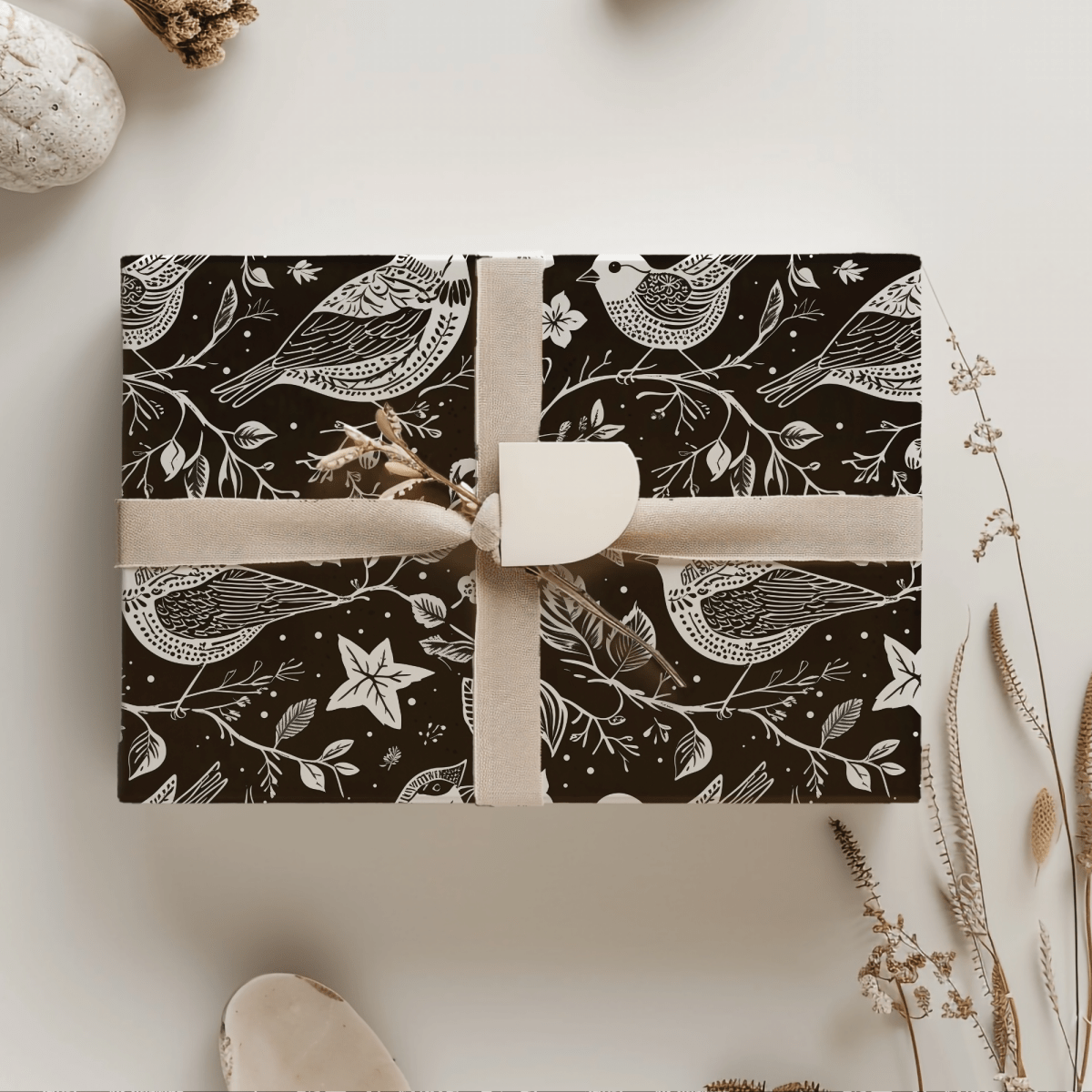 Songbirds in Shadow – Black & White Bird Wrapping Paper