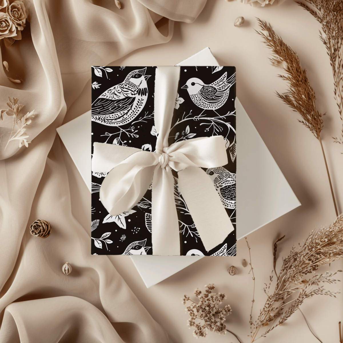 Songbirds in Shadow – Black & White Bird Wrapping Paper