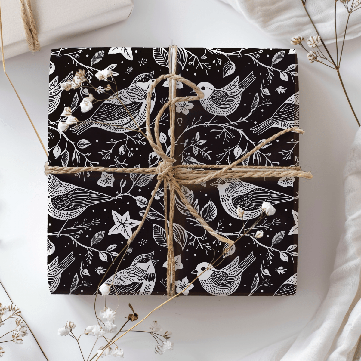 Songbirds in Shadow – Black & White Bird Wrapping Paper