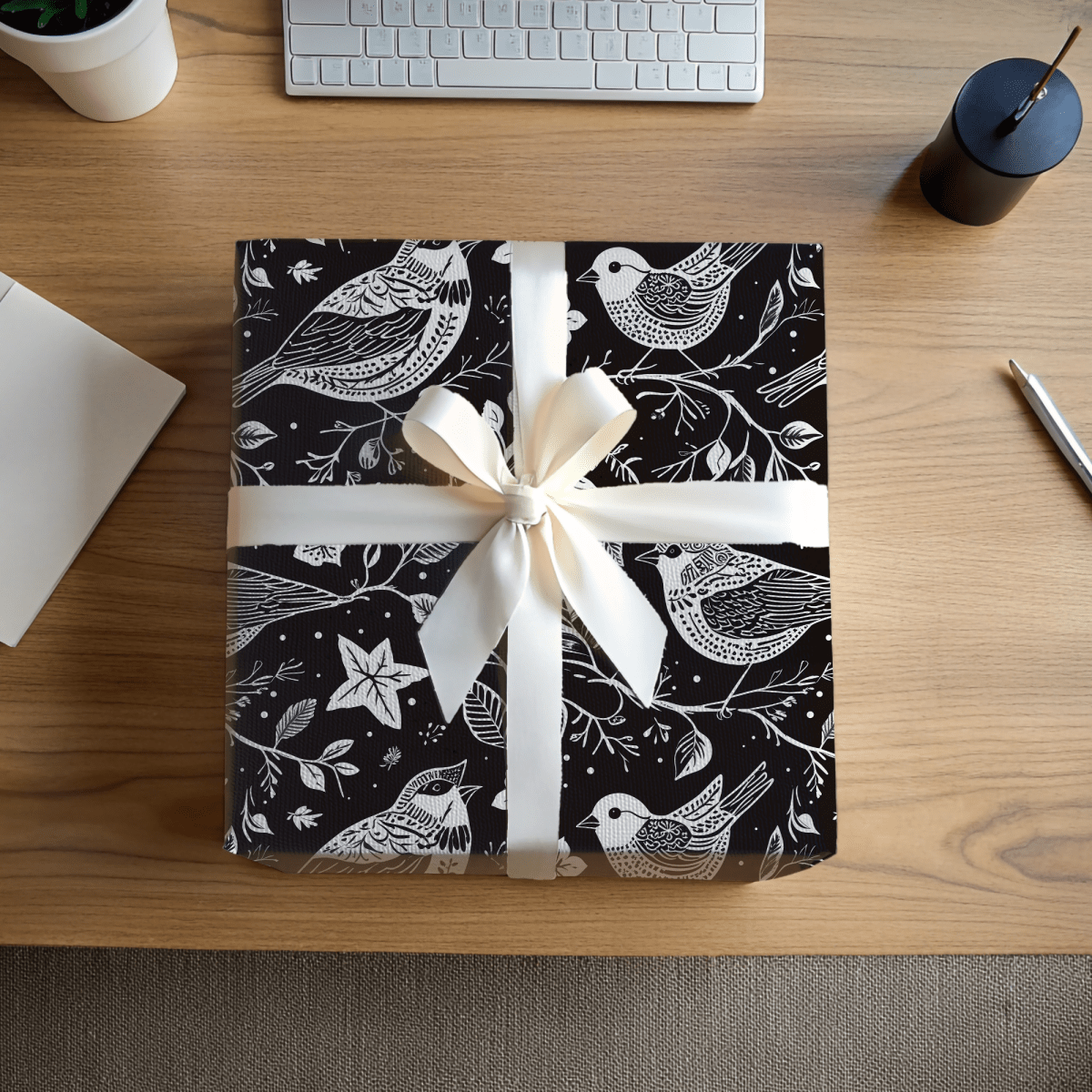 Songbirds in Shadow – Black & White Bird Wrapping Paper