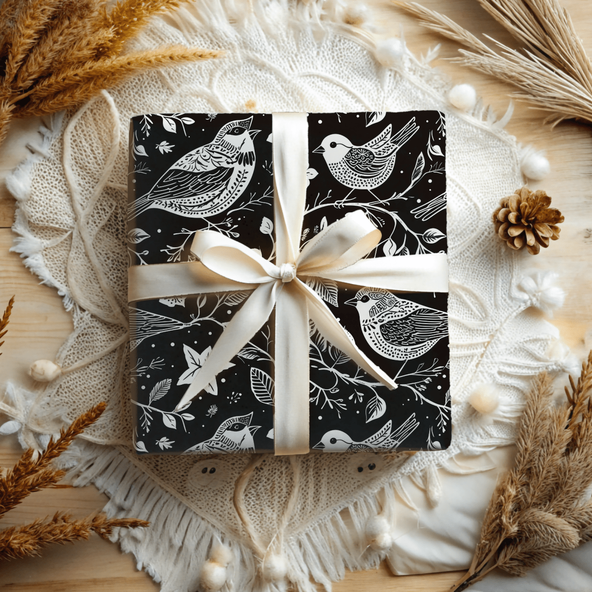 Songbirds in Shadow – Black & White Bird Wrapping Paper