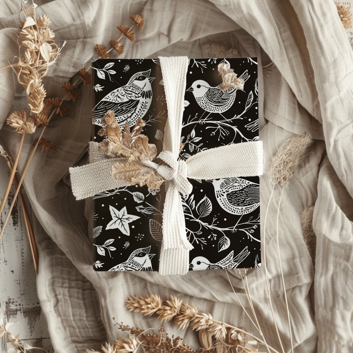 Songbirds in Shadow – Black & White Bird Wrapping Paper