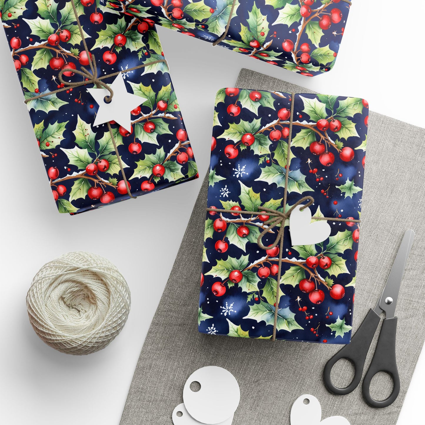 Holly Jolly Luxe – Navy & Berry Botanical Wrapping Paper