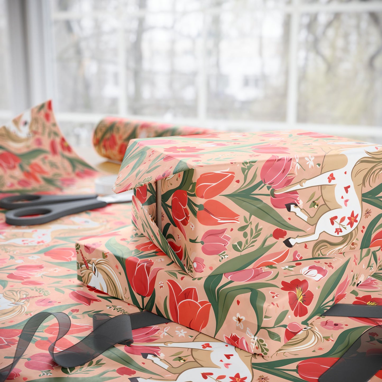 Playful Ponies and Tulips Romantic Gift Wrap