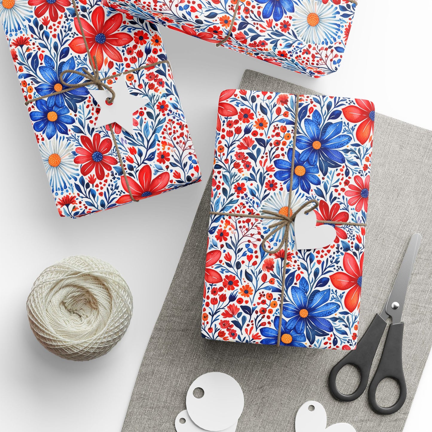 Red, White and Blue Floral Wrapping Paper