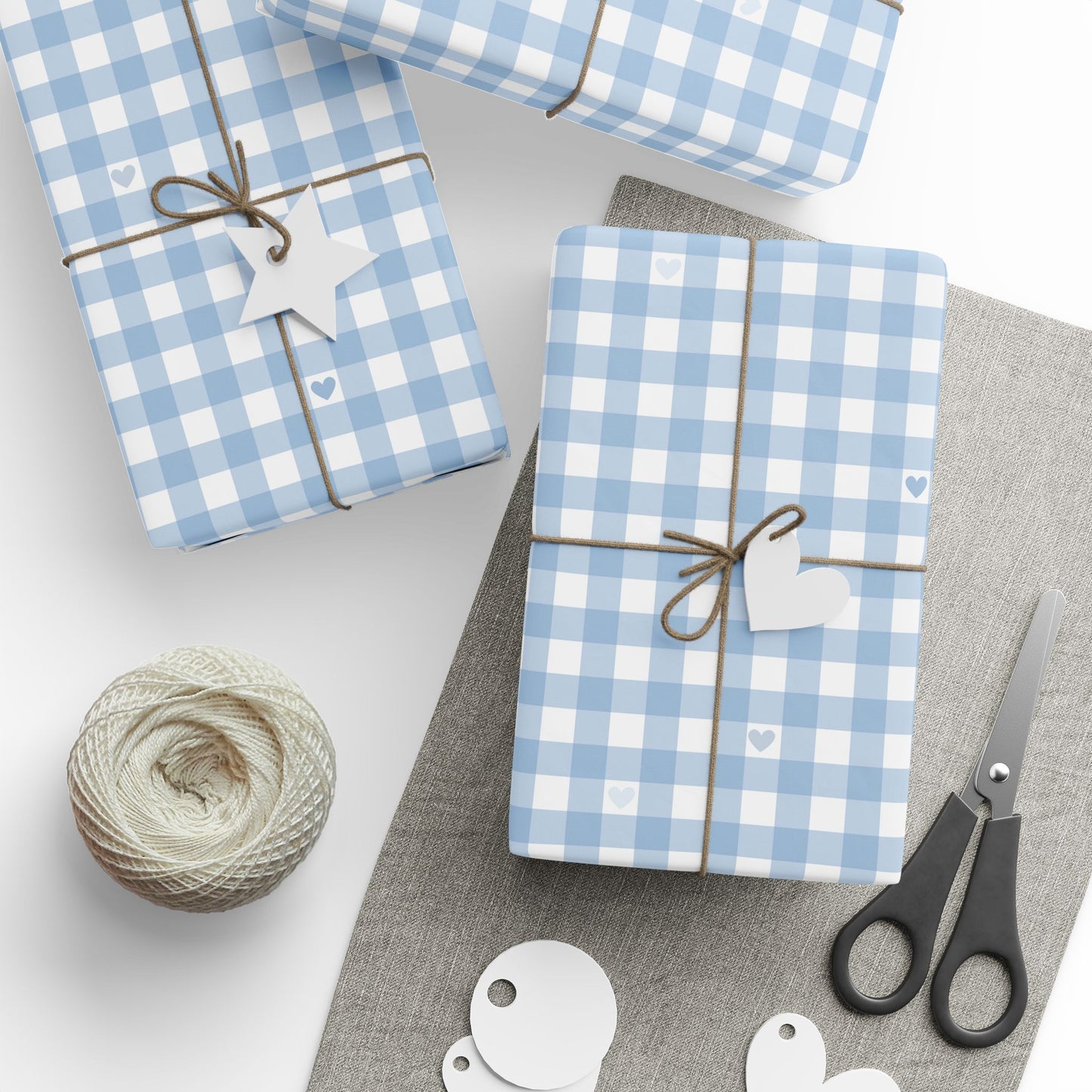 Gingham Blue with Small Hearts Wrapping Papers