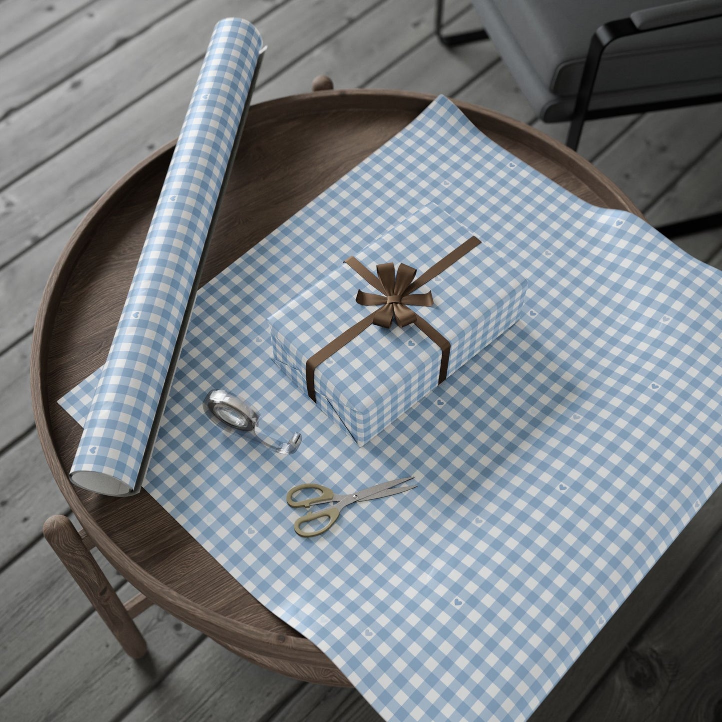 Gingham Blue with Small Hearts Wrapping Papers
