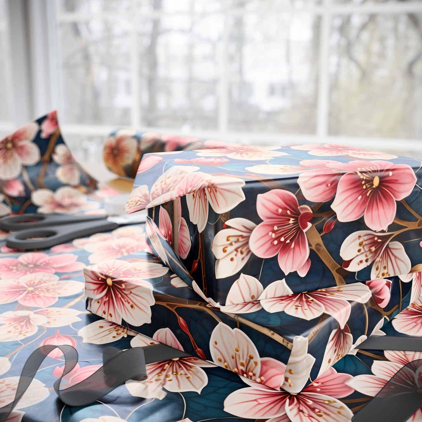Botanical Patterned Decorative Paper Pink Floral with deep Blue Leaves