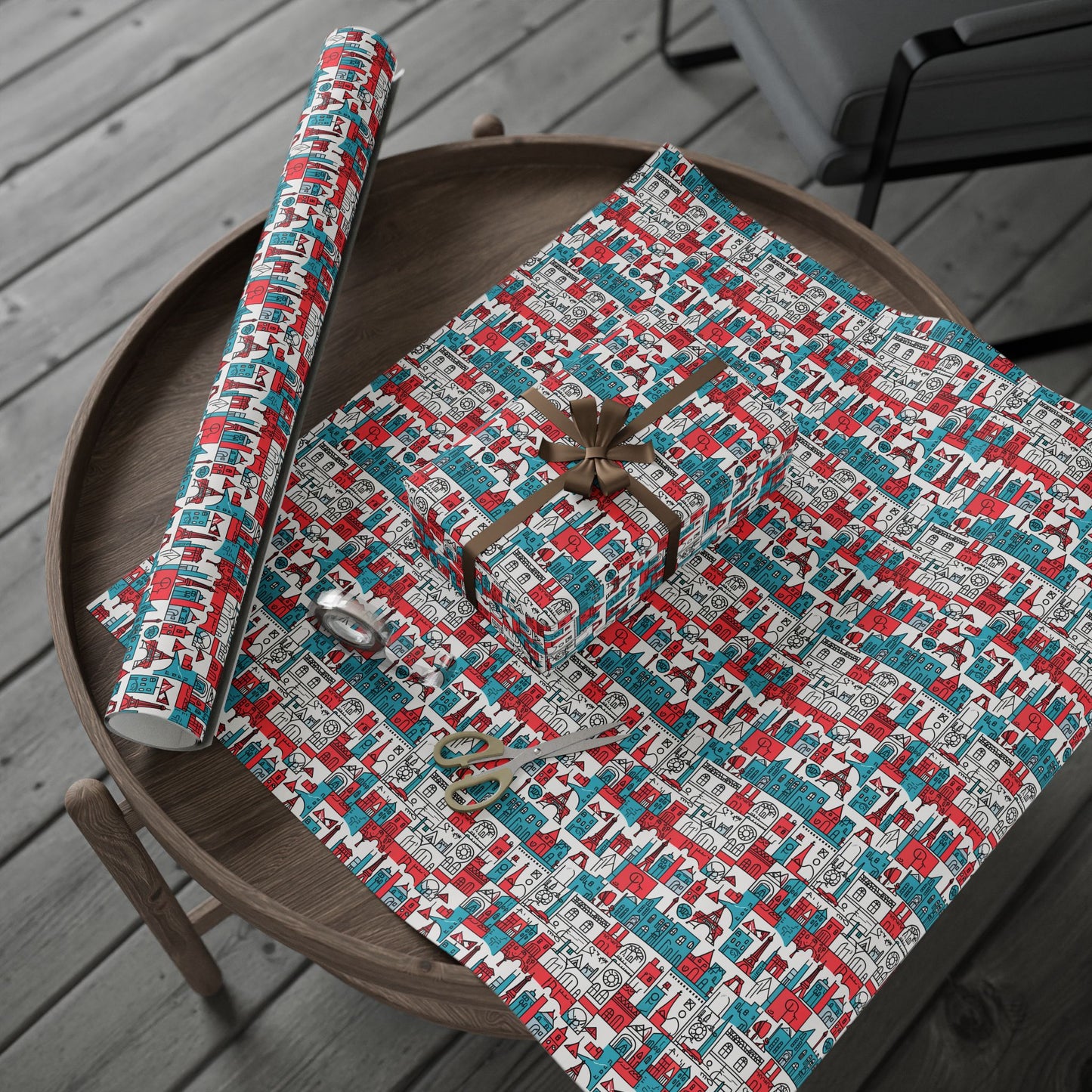 Wrapping Papers: Colorful Blue & Red Abstract Cityscape