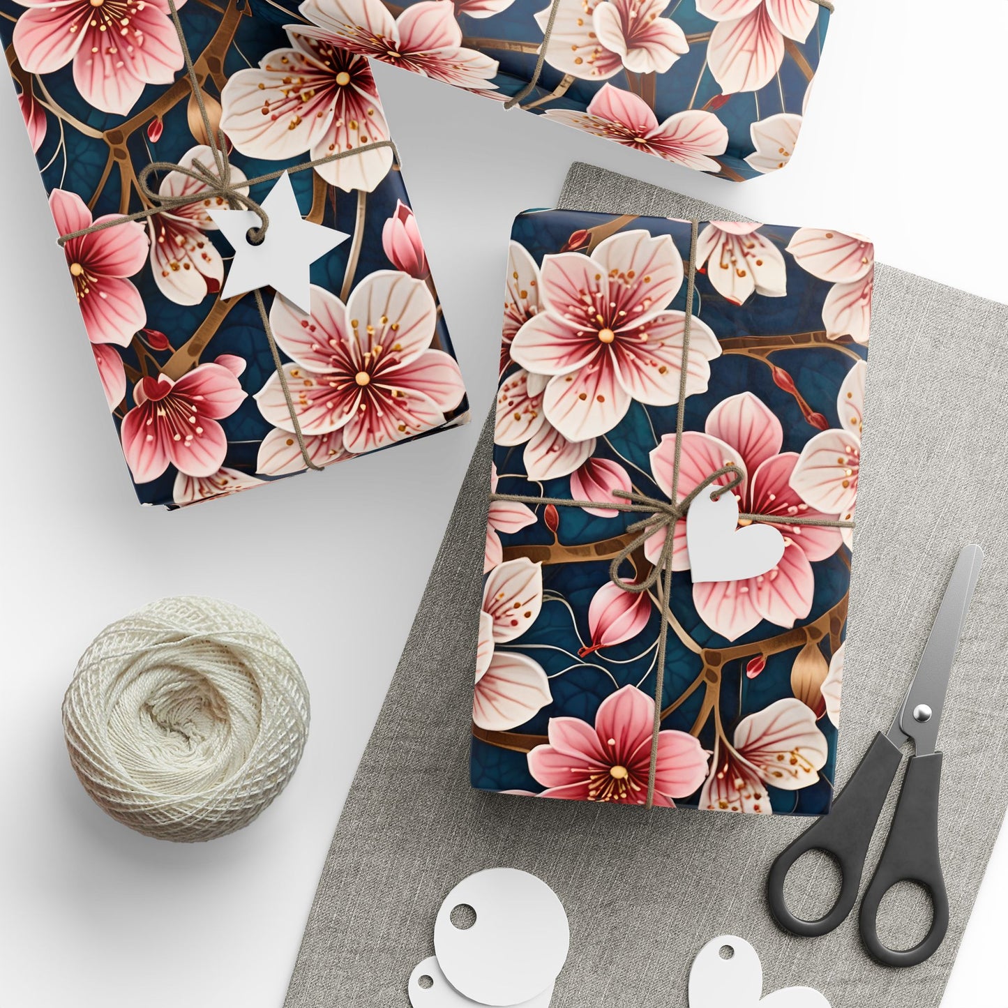 Botanical Patterned Decorative Paper Pink Floral with deep Blue Leaves