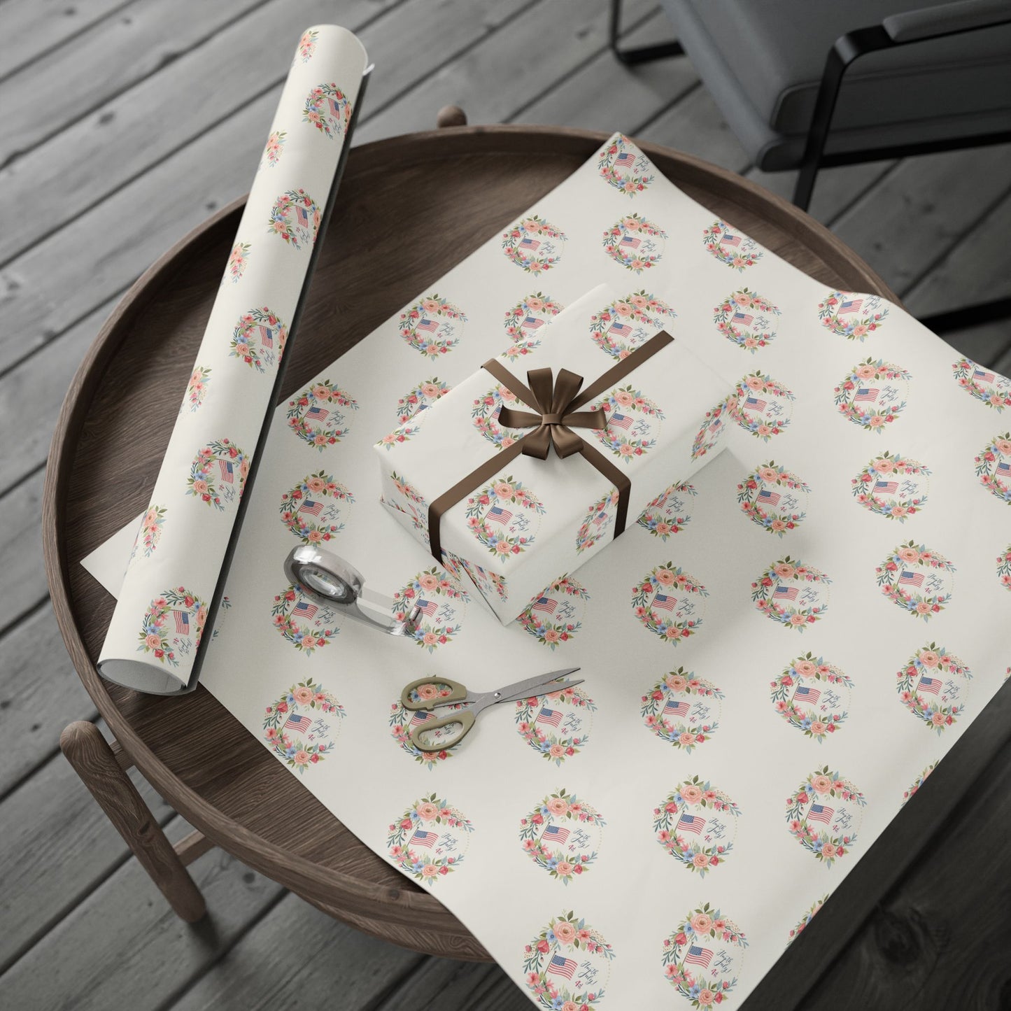 Floral American Flag Wrapping Paper for 4th of July