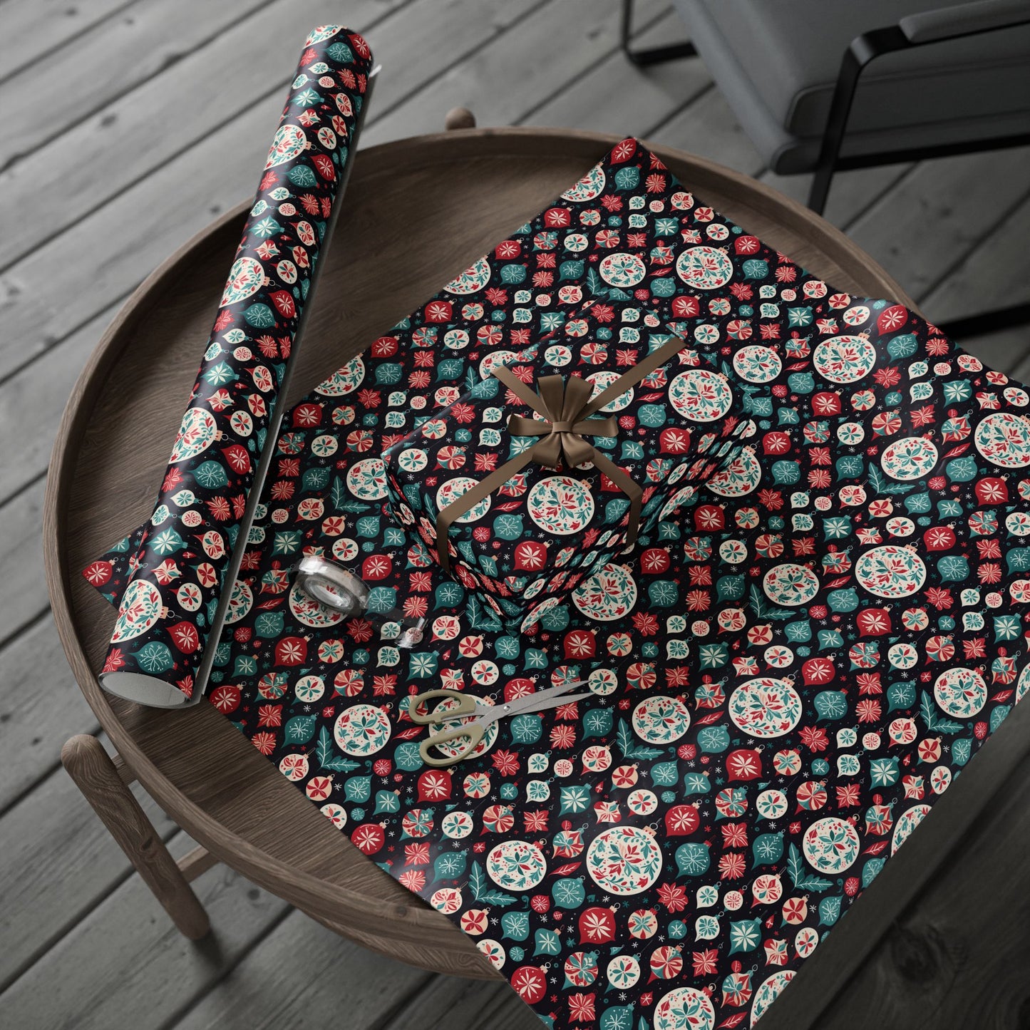 Colorful Aqua and Red Ornaments Wrapping Paper