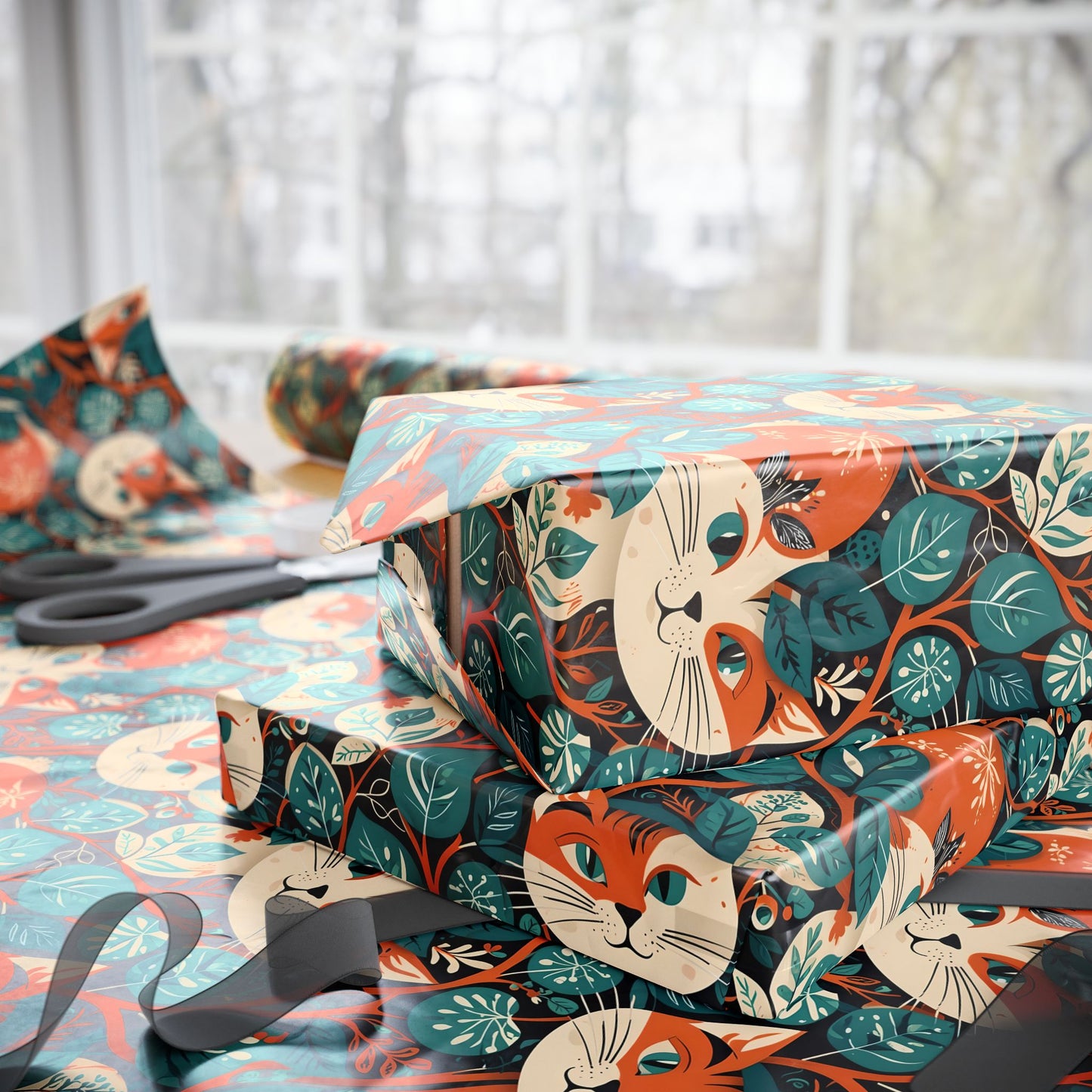 Green Orange Retro Cat Pattern Gift Wrap