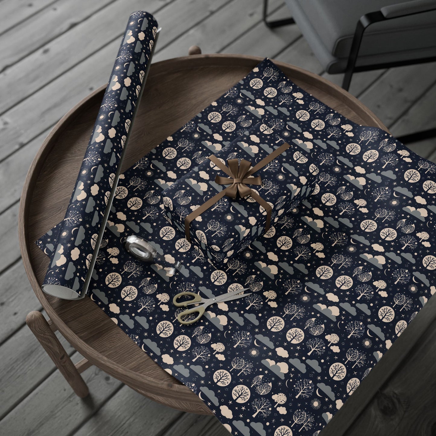 Wrapping Paper - Abstract Moon Stars and Trees in Black and Beige