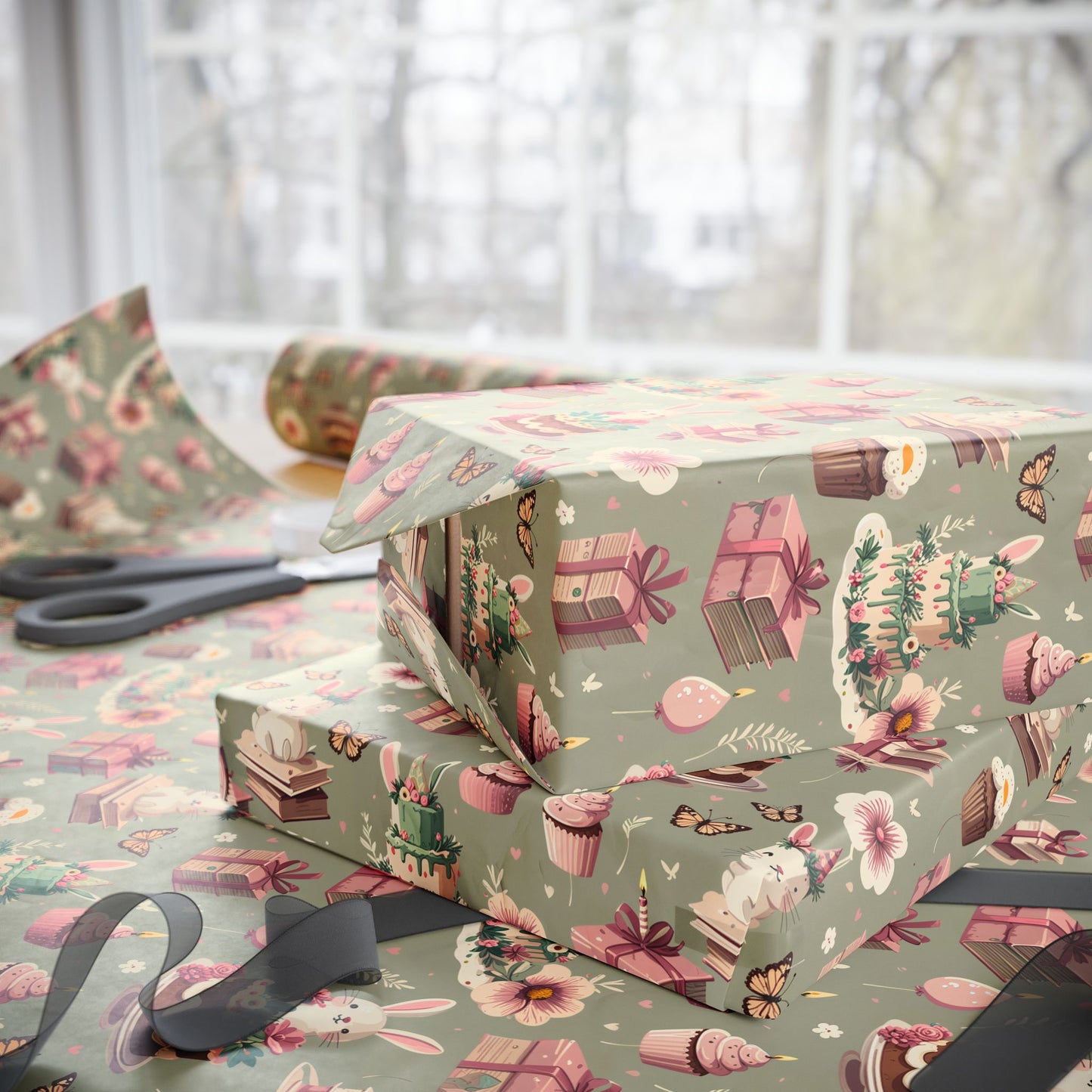 Festive Bunny & Cake Wrapping Paper Roll