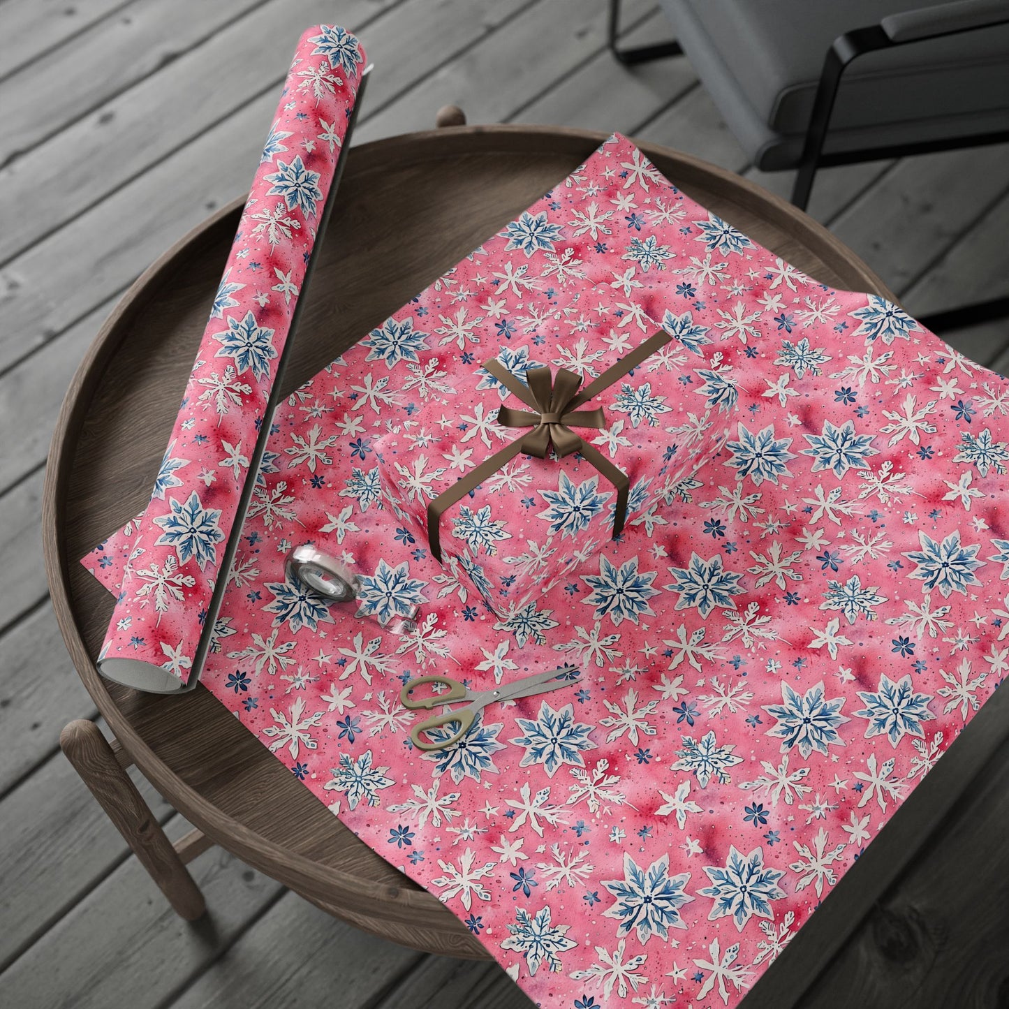 Frosted Flurries & Blush Whirlwinds – Pink Snowflake Wrapping Paper
