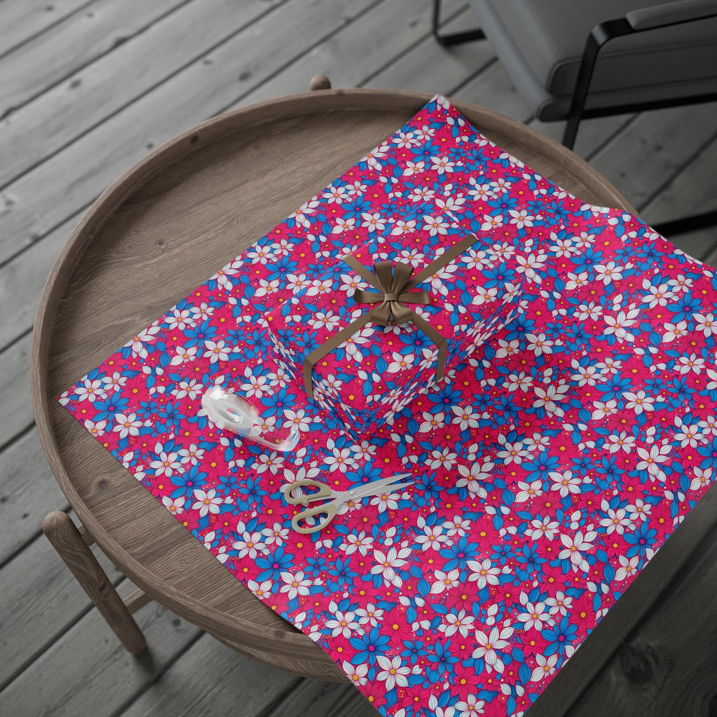 Vibrant Pink, White and Blue Floral Wrapping Paper