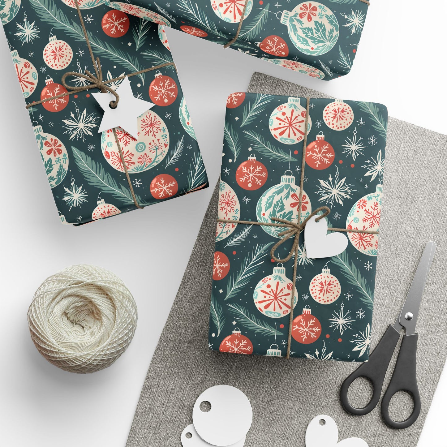 Frosted Evergreen – Retro Ornament & Pine Wrapping Paper