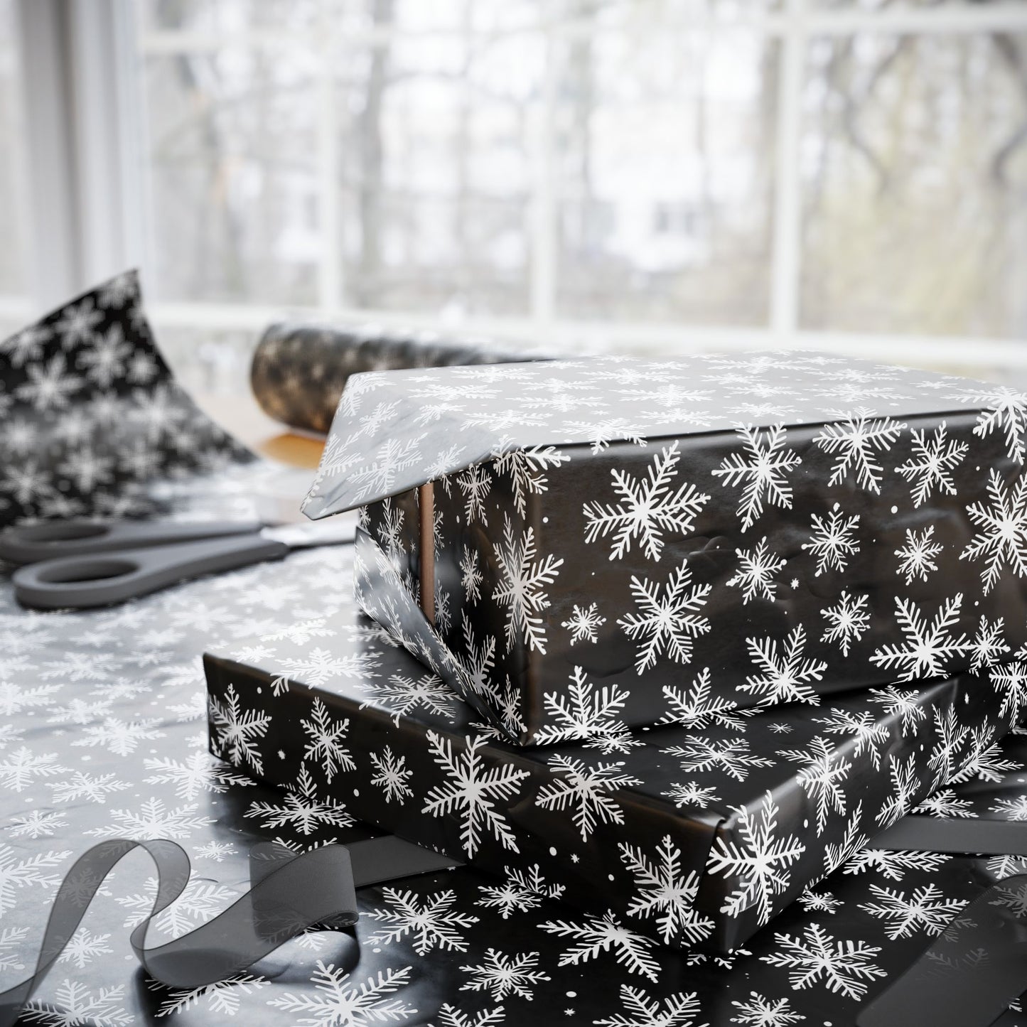 Midnight Flurries – Black & White Snowflake Wrapping Paper