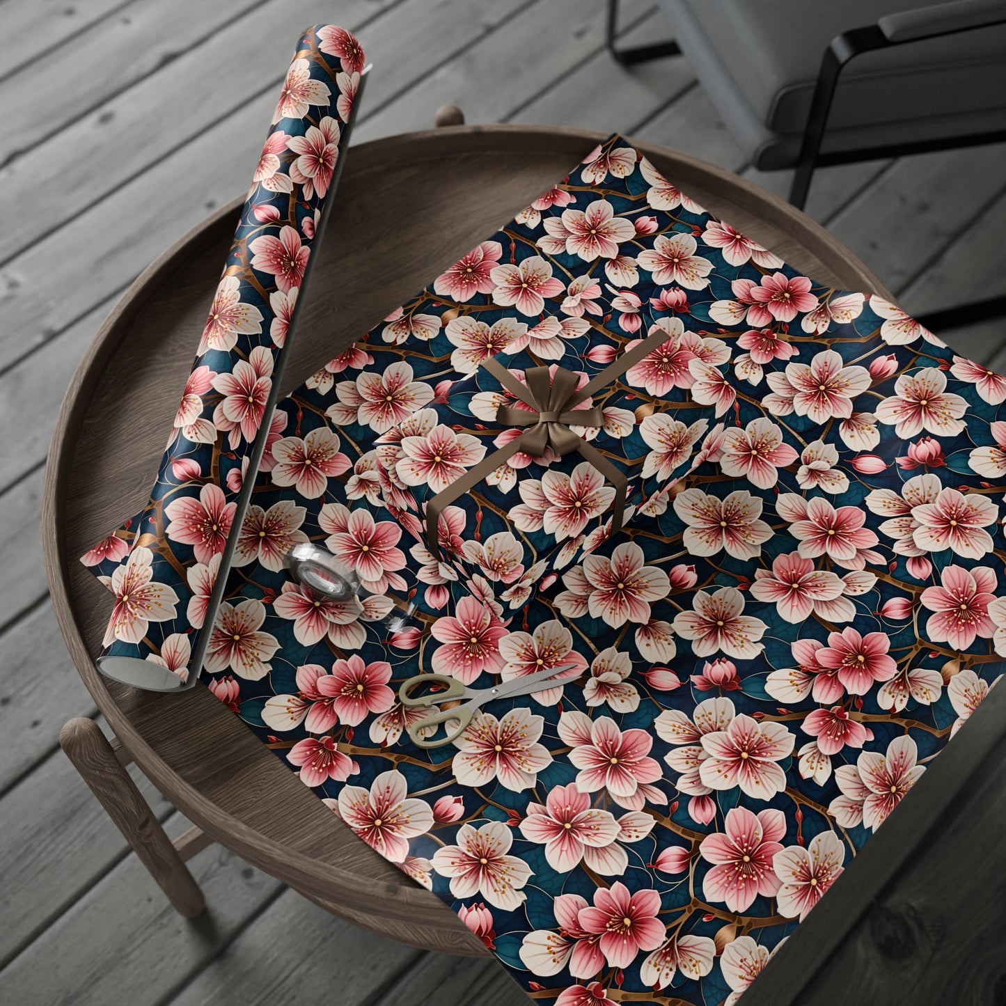 Botanical Patterned Decorative Paper Pink Floral with deep Blue Leaves