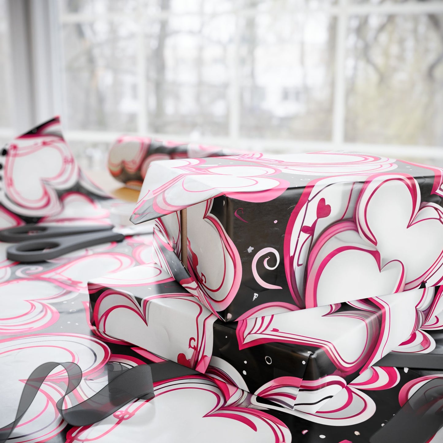 Elegant Pink, White and Black Heart Design Gift Wrap