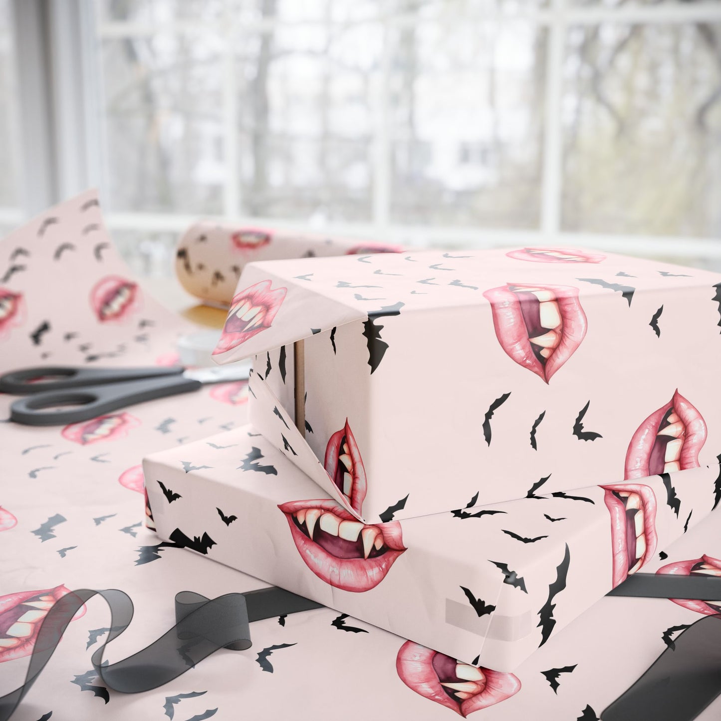 Vamp It Up – Fanged Lips & Bat Kisses Wrapping Paper