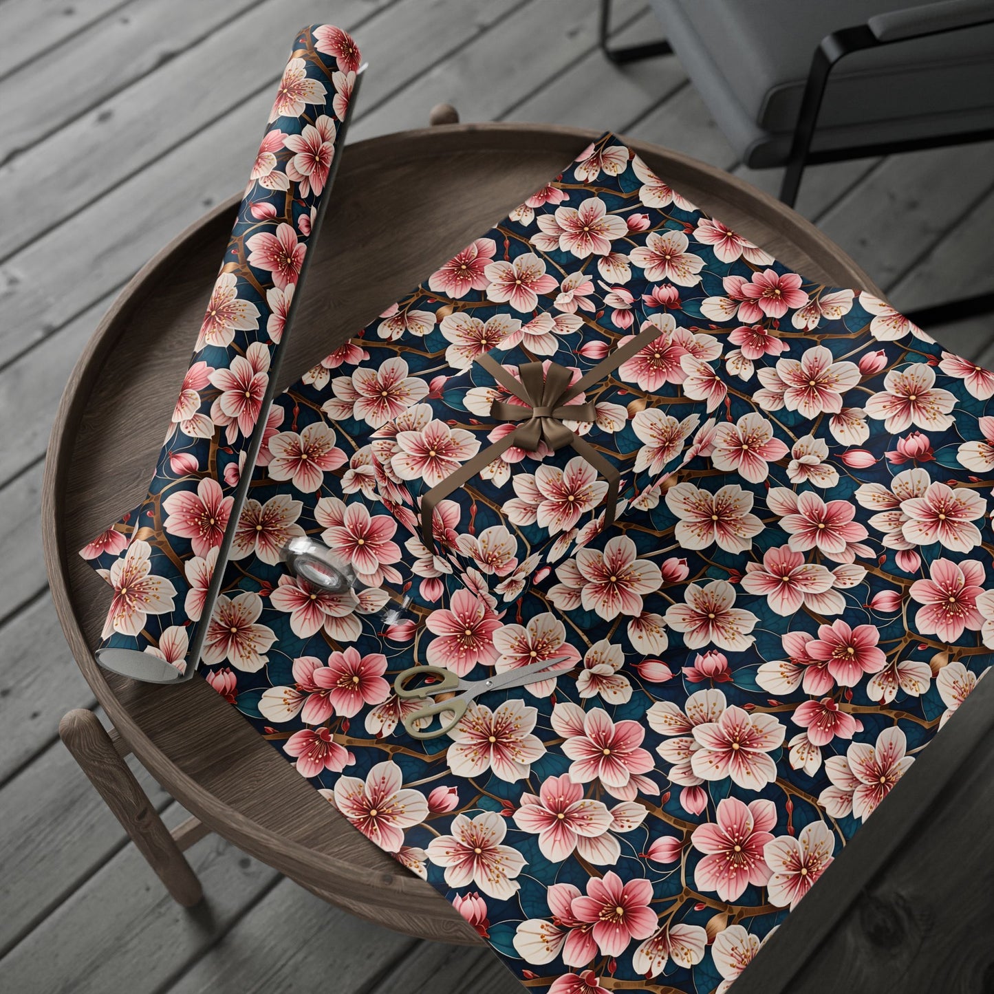 Botanical Patterned Decorative Paper Pink Floral with deep Blue Leaves