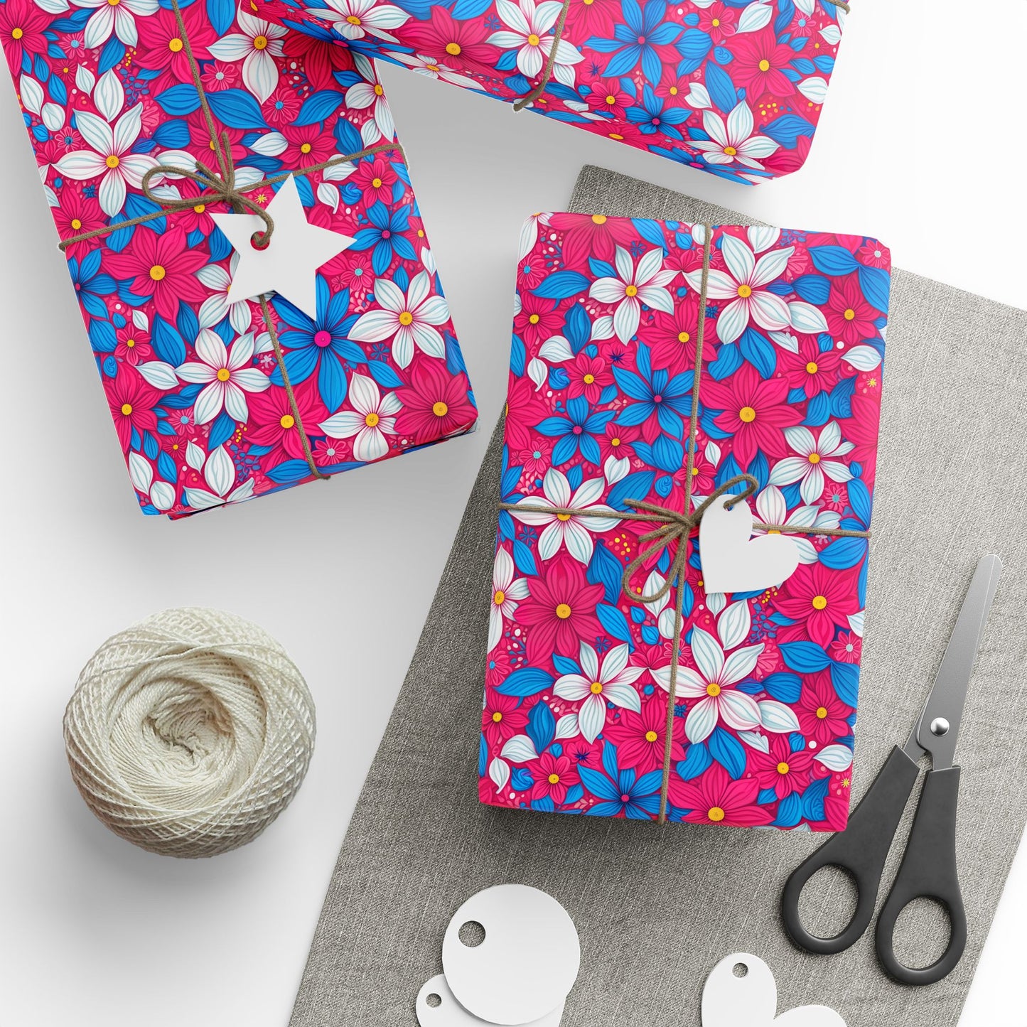 Vibrant Pink, White and Blue Floral Wrapping Paper