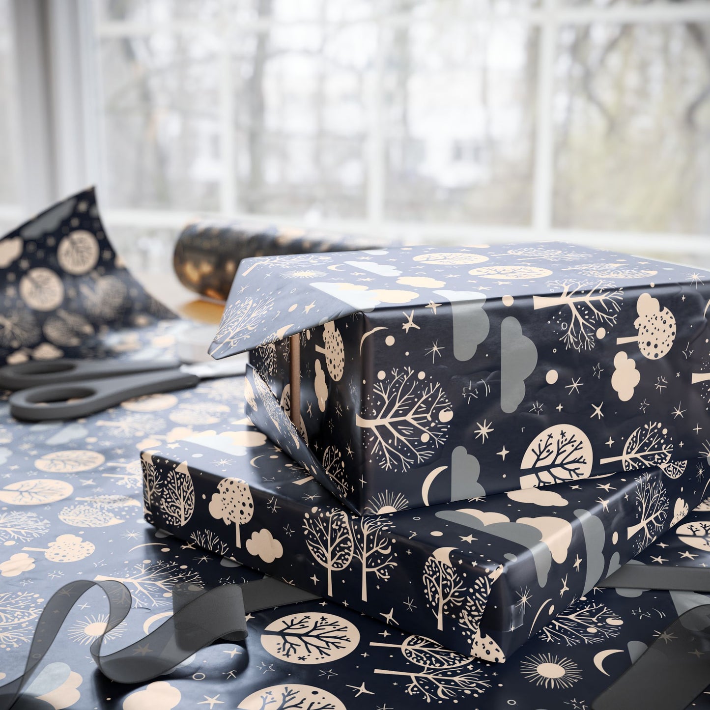 Wrapping Paper - Abstract Moon Stars and Trees in Black and Beige