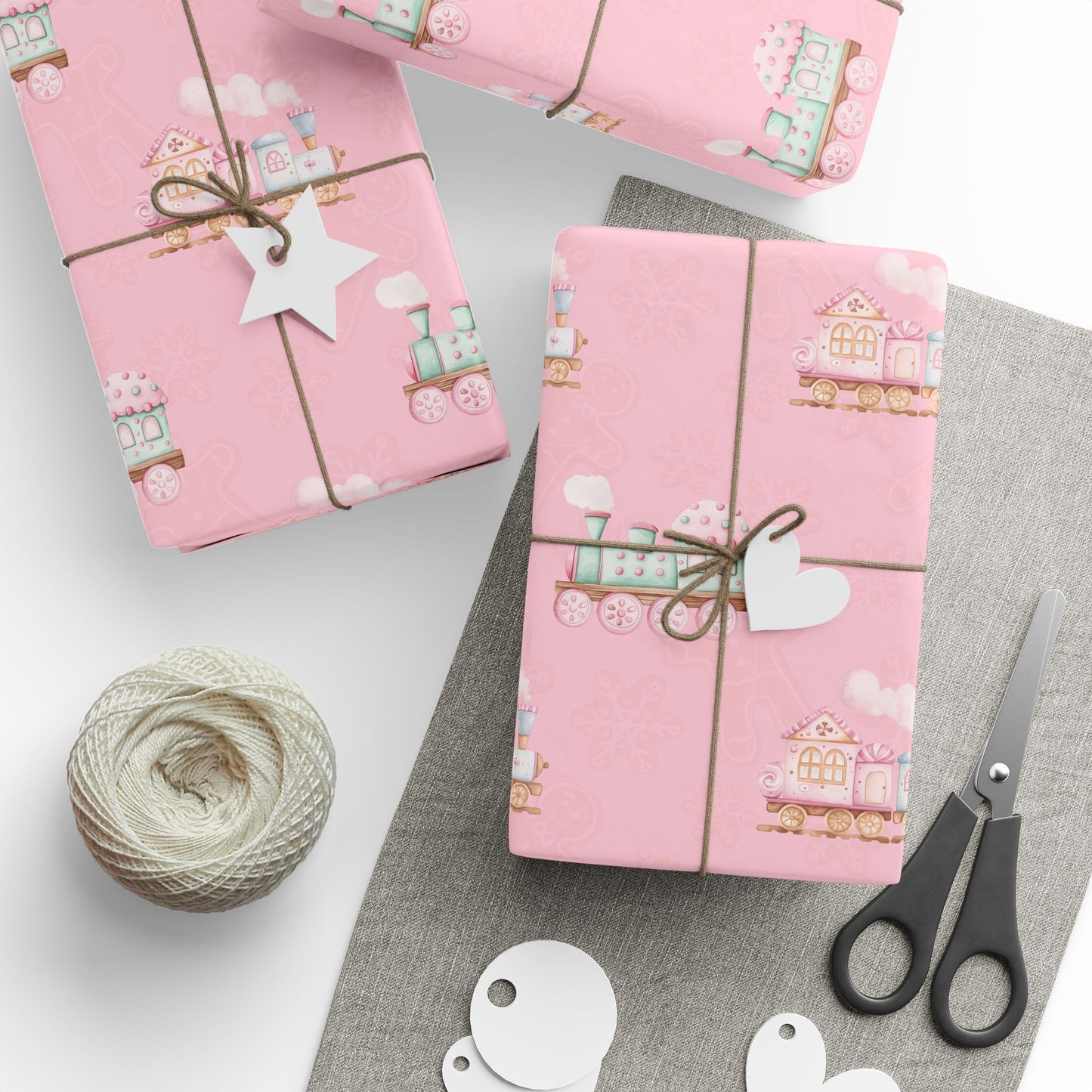 Candy Caboose – Pink Gingerbread Train Wrapping Paper