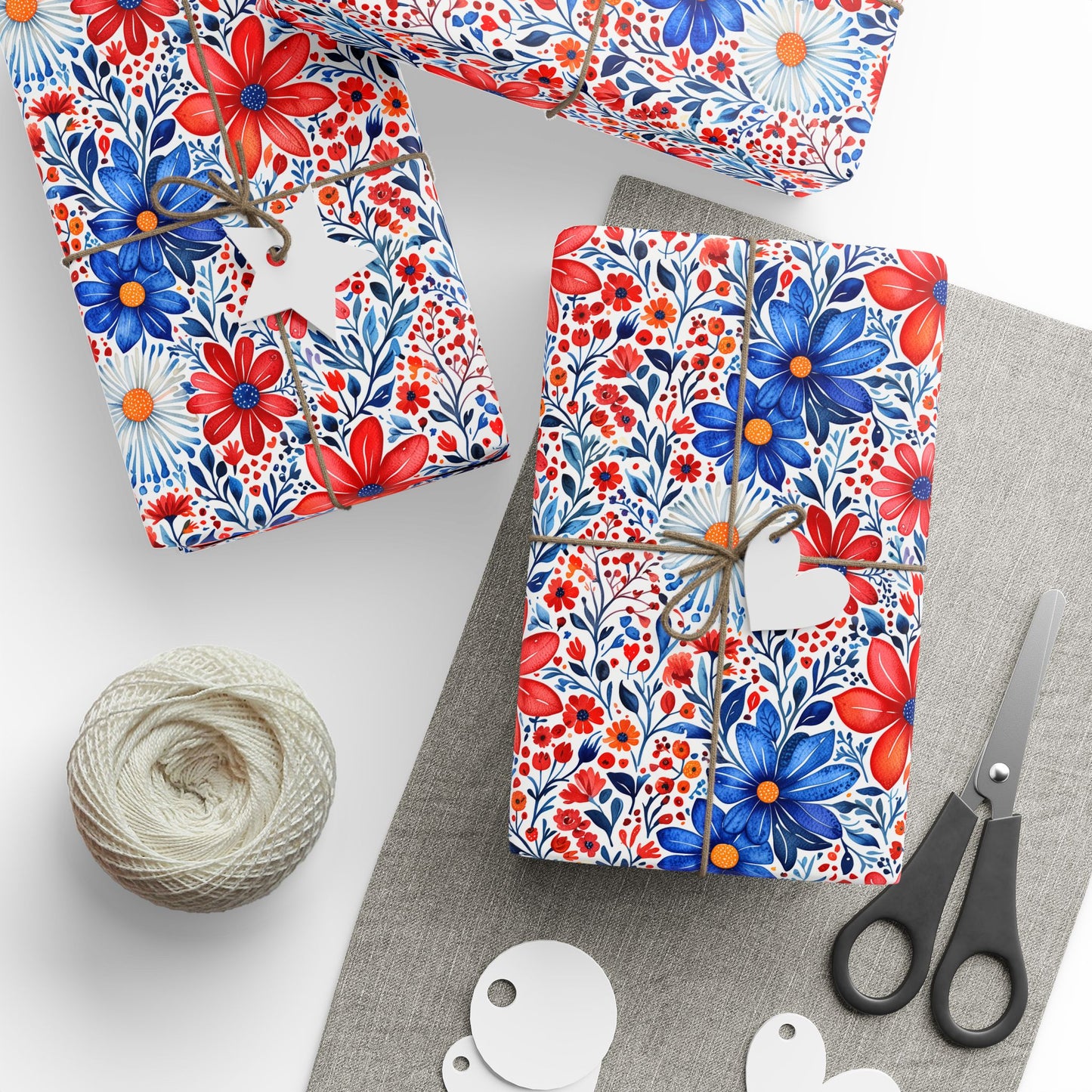 Red, White and Blue Floral Wrapping Paper