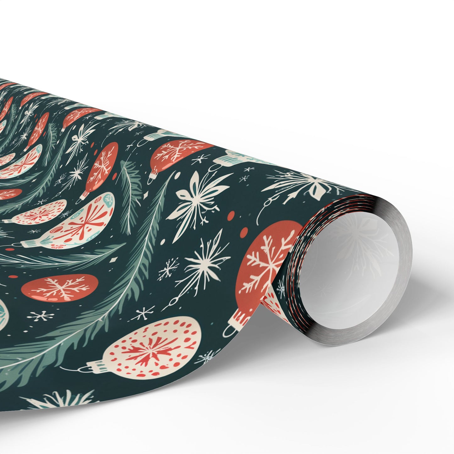 Frosted Evergreen – Retro Ornament & Pine Wrapping Paper