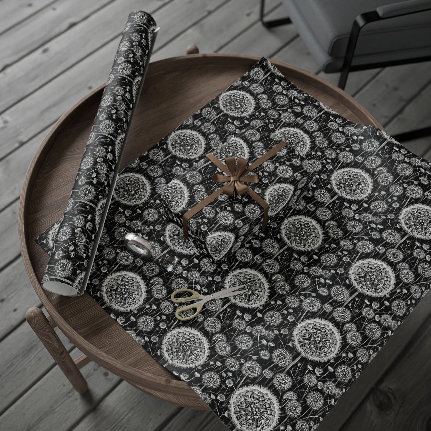 Wrapping Papers - Dandelion Seed Head Flowers Black and White Line Drawings