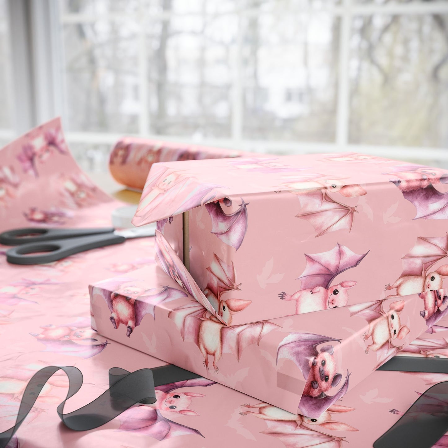Batty & Blush – Pink Watercolor Bat Wrapping Paper