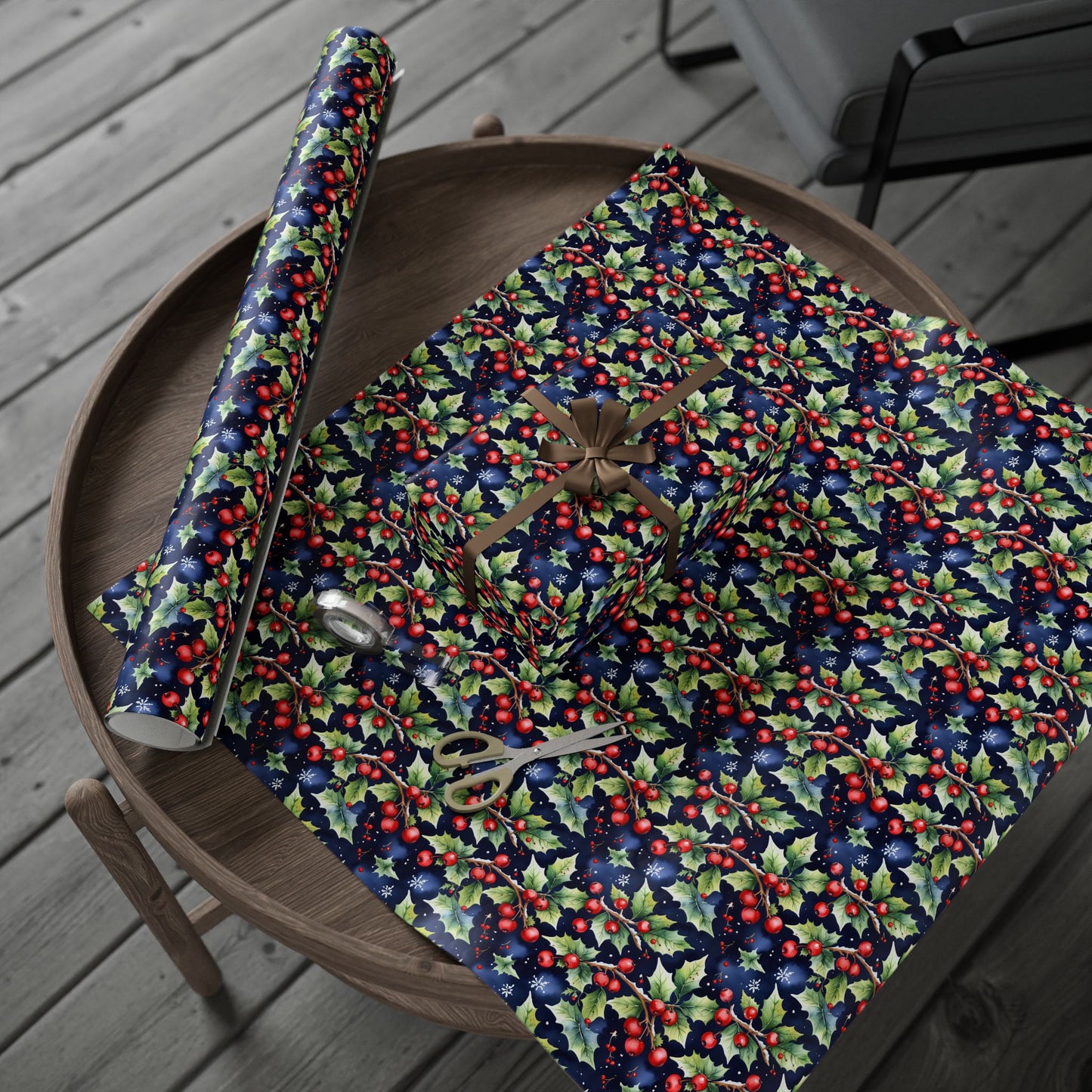 Holly Jolly Luxe – Navy & Berry Botanical Wrapping Paper