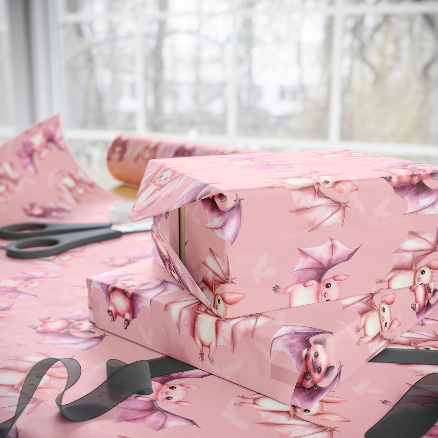 Batty & Blush – Pink Watercolor Bat Wrapping Paper
