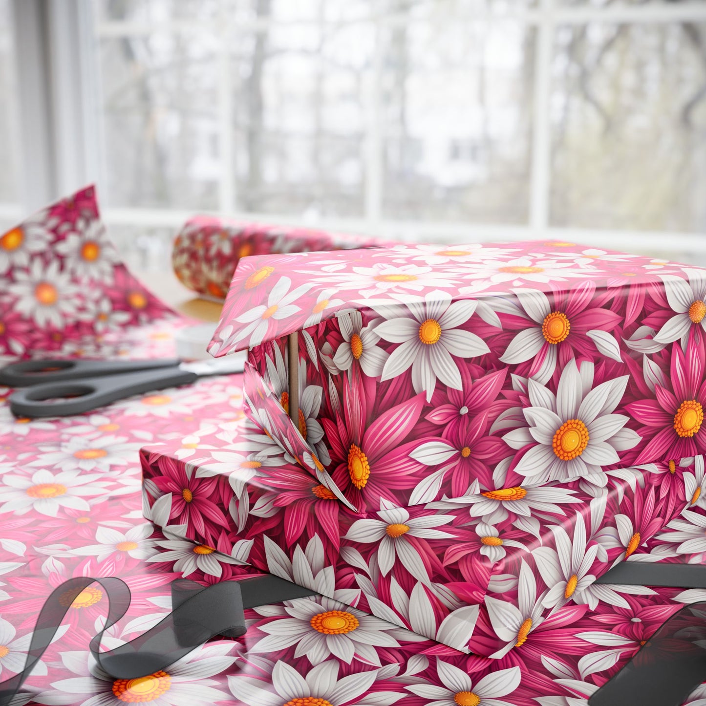 Pink & White Daisy Floral Gift Wrap Paper